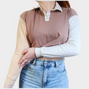 3 for 25$ Forever 21 Long-Sleeve Polo Shirt Color Block Brown Off-White size M